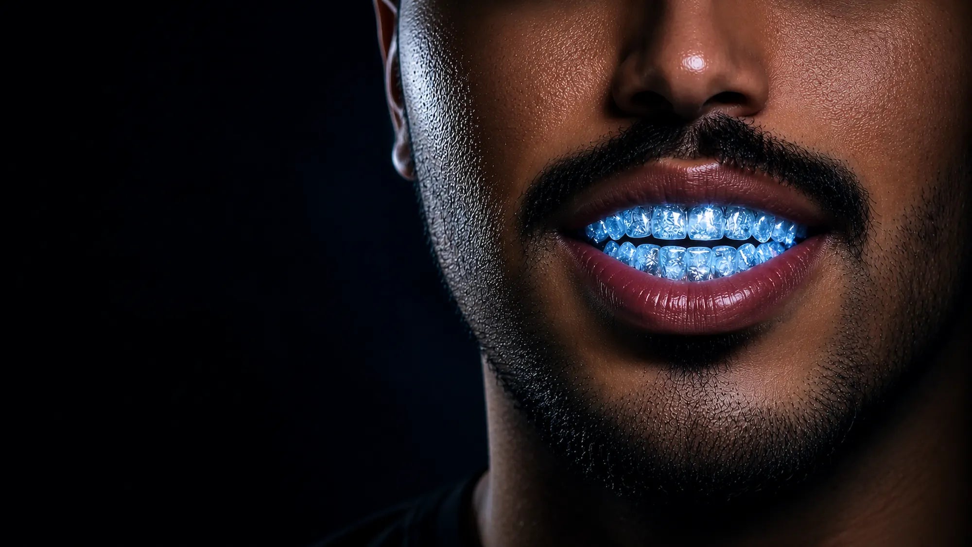 Close-up of a man's smile wearing an iced-out grill with sparkling stones, under dramatic studio lighting
