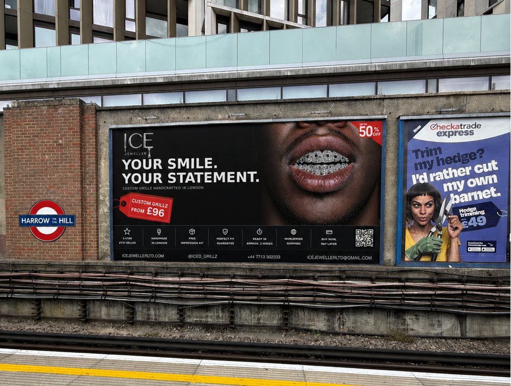 A large advertising billboard at a London Underground station platform, featuring a close-up of a smiling person with braces and the text 'YOUR SMILE. YOUR STATEMENT.