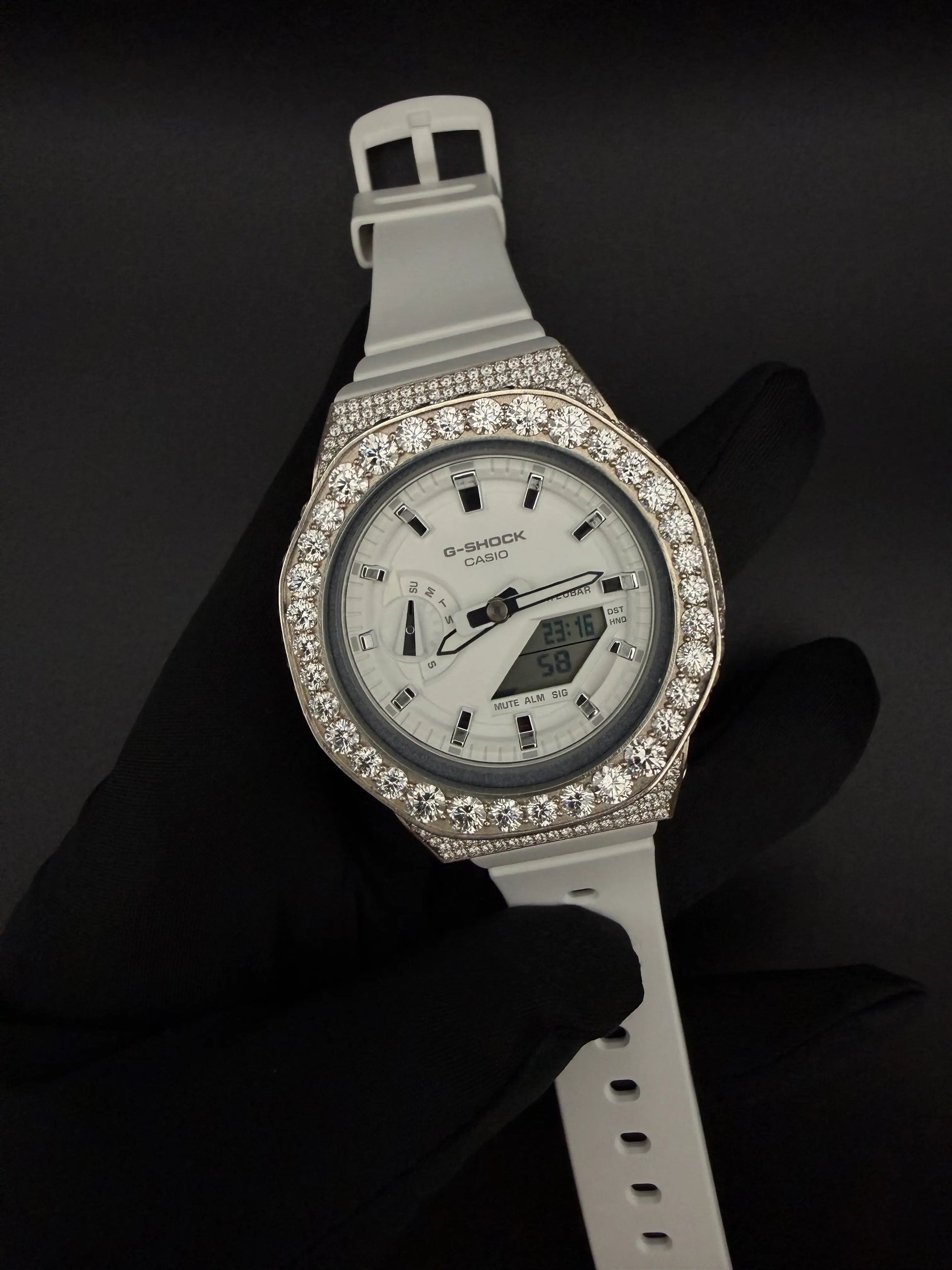 Iced out G-Shock bustdown watch with VVS1 moissanite diamonds front view