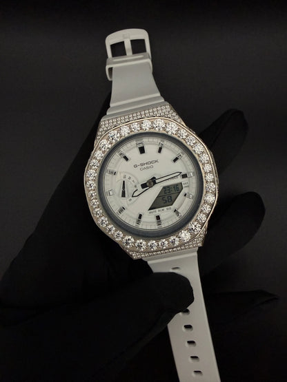 Iced out G-Shock bustdown watch with VVS1 moissanite diamonds front view