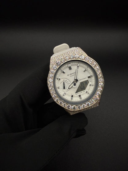 Close-up of VVS1 moissanite stones on iced out G-Shock bustdown watch