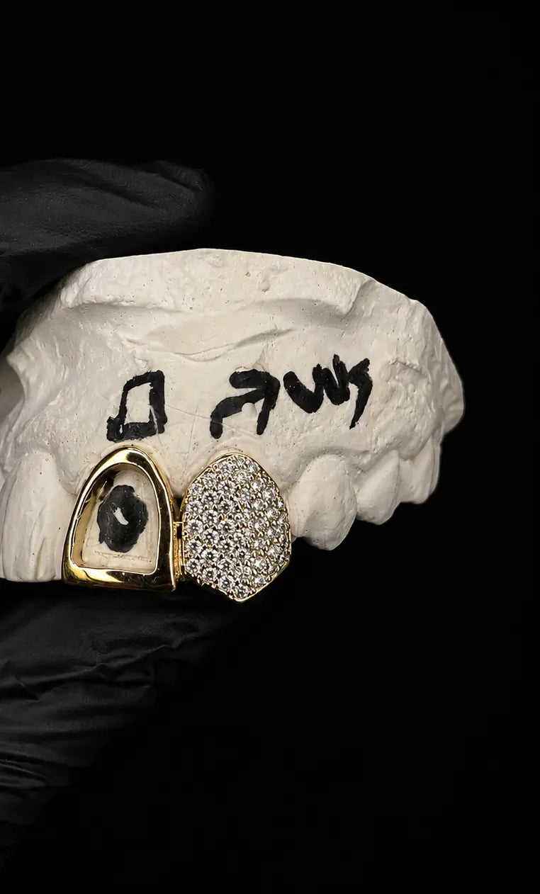 Luxury double grillz set handcrafted with VVS lab diamonds in gold and silver finish