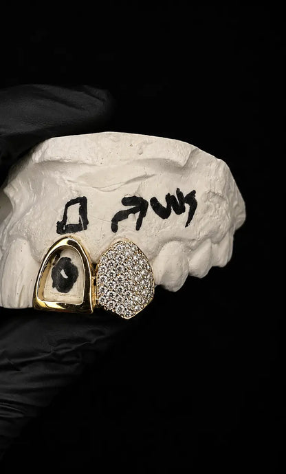 Luxury double grillz set handcrafted with VVS lab diamonds in gold and silver finish