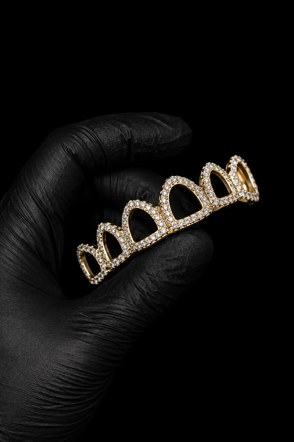 Three-quarter angle view of iced out lab grown diamond custom grillz