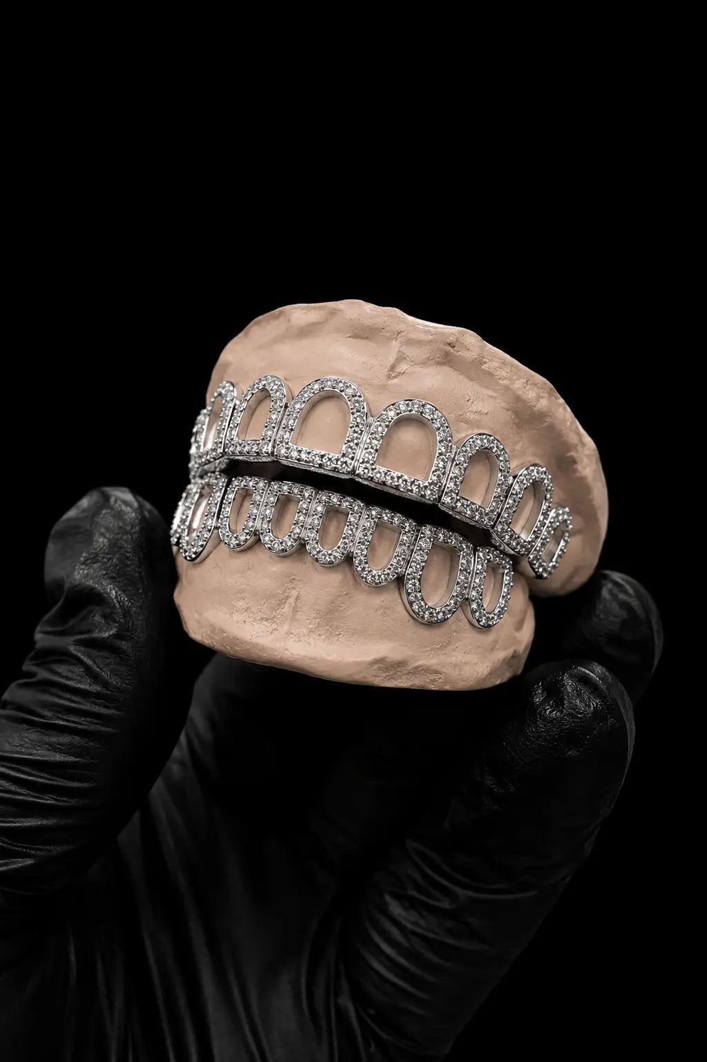Front view of open window iced out custom grillz with VVS lab grown diamonds