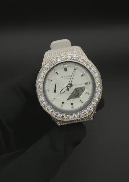 Close-up video of moissanite stones sparkling on iced out watch