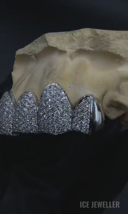 Custom iced lab diamond grillz in sterling silver with VVS diamonds close-up video