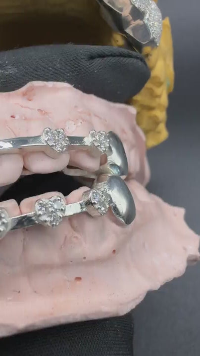 Silver custom heart grillz double row open face luxury teeth jewelry detailed video