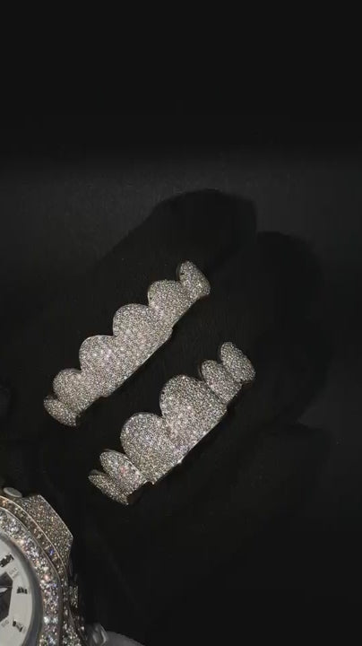 Luxury sterling silver iced VVS-Moissanite grillz showcasing handcrafted diamond-style detailing