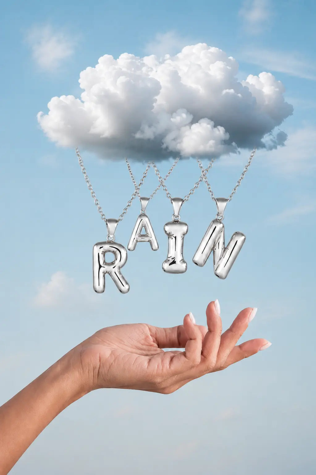 Silver 'RAIN' pendants hanging from a cloud against a blue sky.