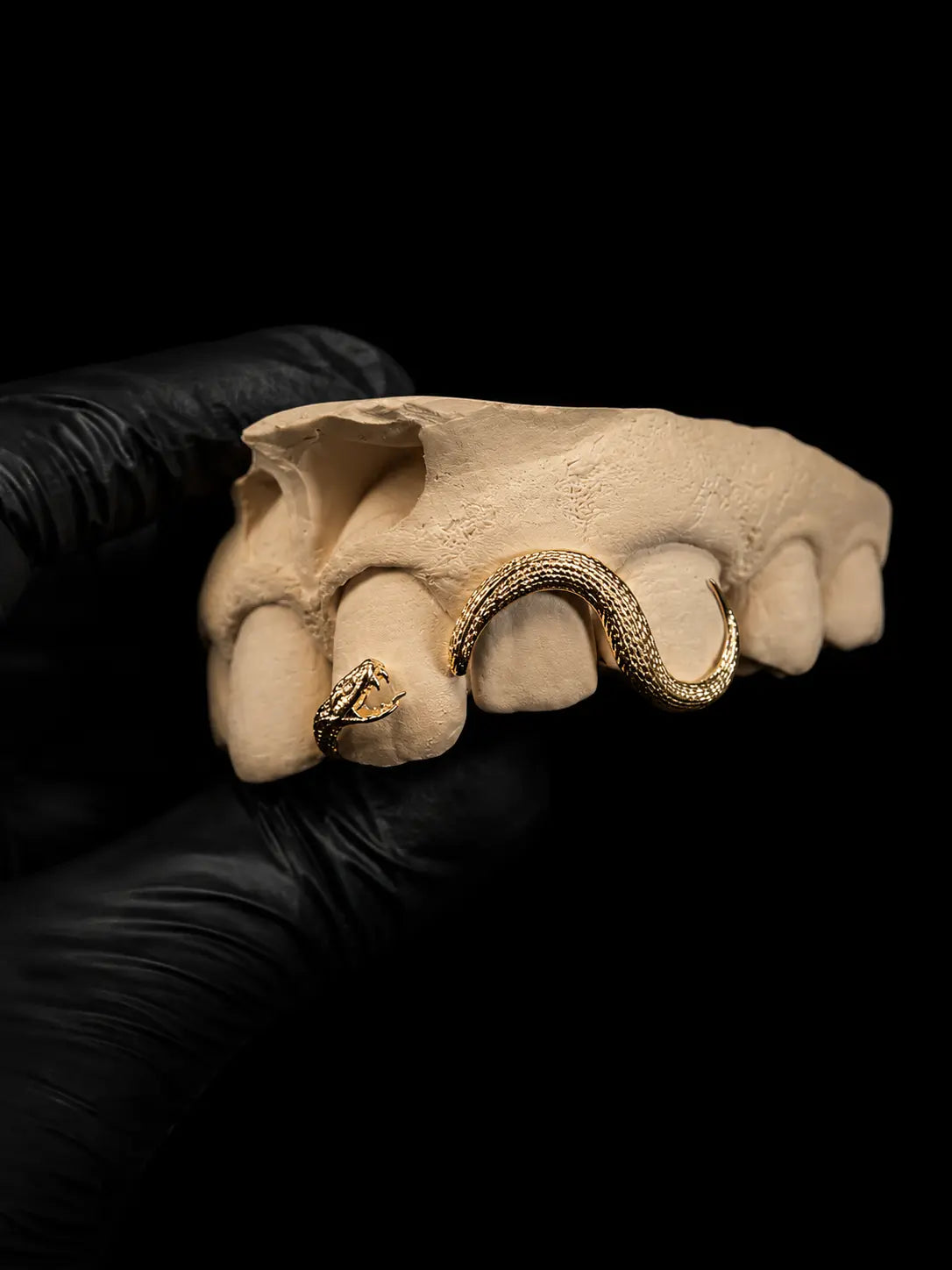Side profile of handcrafted snake grillz with detailed serpent texture on dental cast