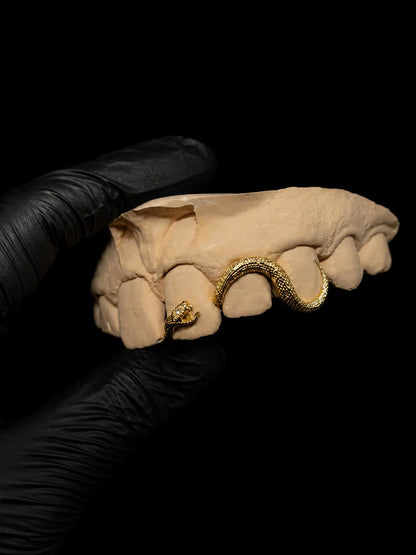 Custom silver snake grillz on dental mould with black glove and black background front view
